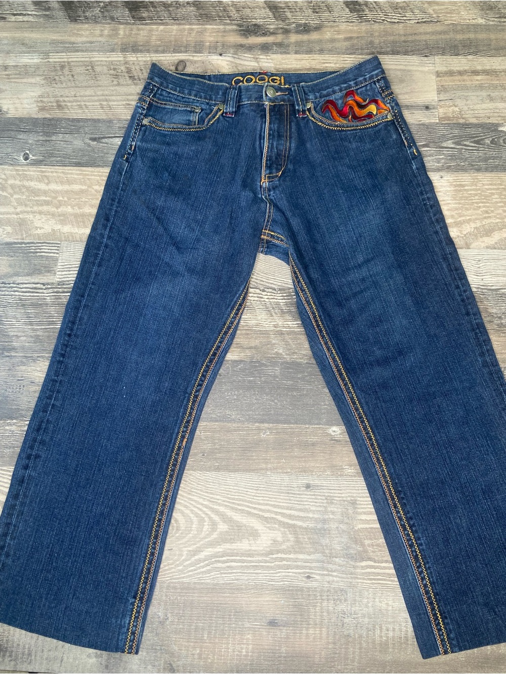 COOGI Dark Blue Straight Leg Jeans with Multicolor Pocket Accent